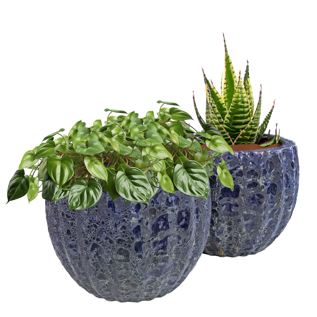 Sunnydaze 10" Round Fluted Lava Finish Planter - Dark Blue - Set of 2 Image 7