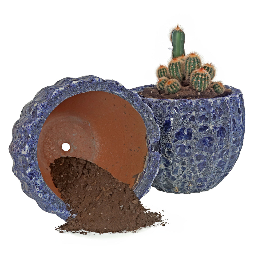 Sunnydaze 10" Round Fluted Lava Finish Planter - Dark Blue - Set of 2 Image 5