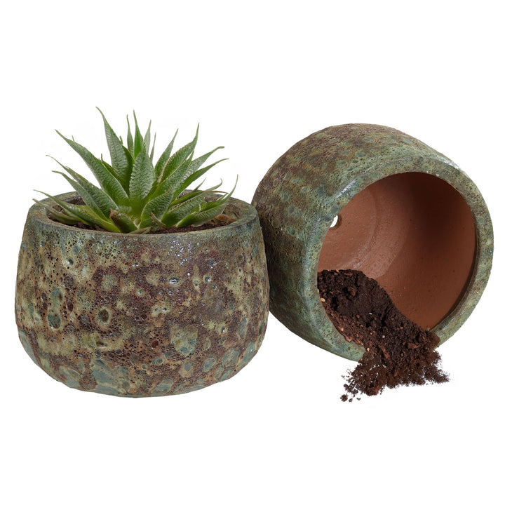 Sunnydaze 10" Lava Finish Planter - Green Distressed Ceramic - 2-Pack Image 6