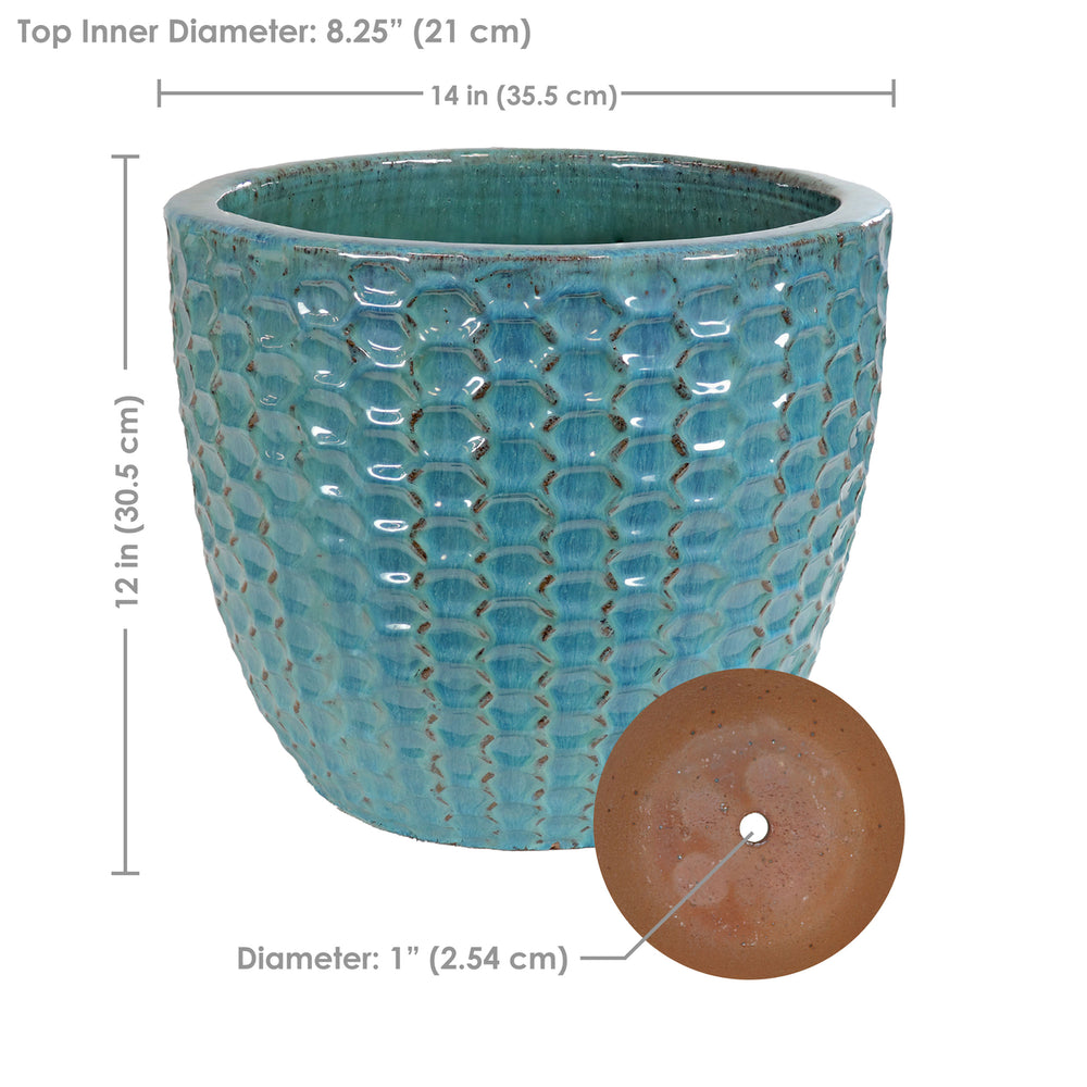 Sunnydaze Turquoise Raised Hexagon Pattern Ceramic Planter - 14" Image 2