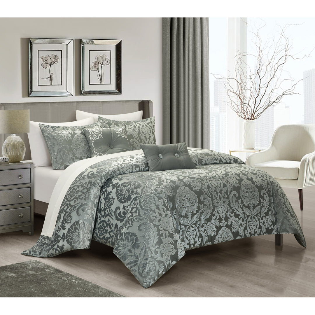 Athalee 5 Piece Jacquard Comforter Set Burnout Velvet Damask Floral Design Image 5