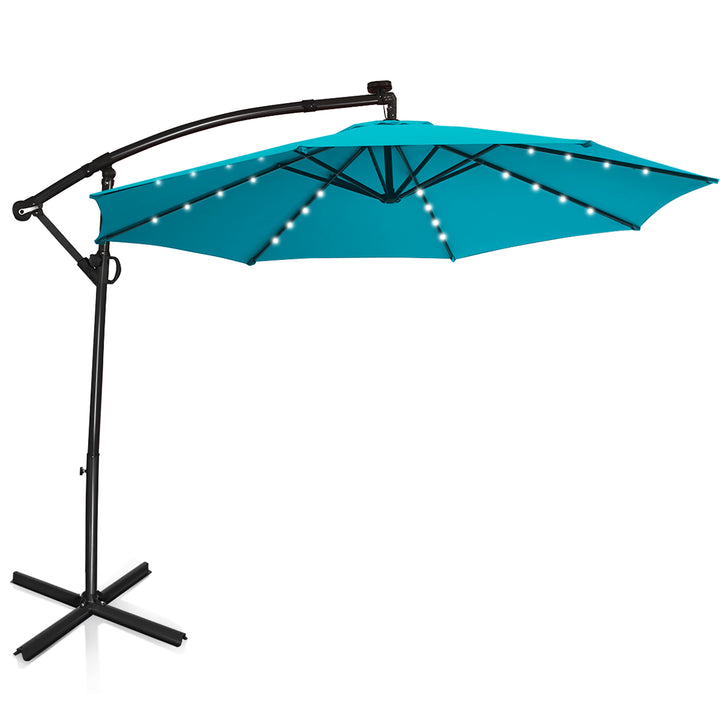 10FT Patio Offset Umbrella Solar Powered LED 360Degree Rotation Aluminum Turquoise Image 2