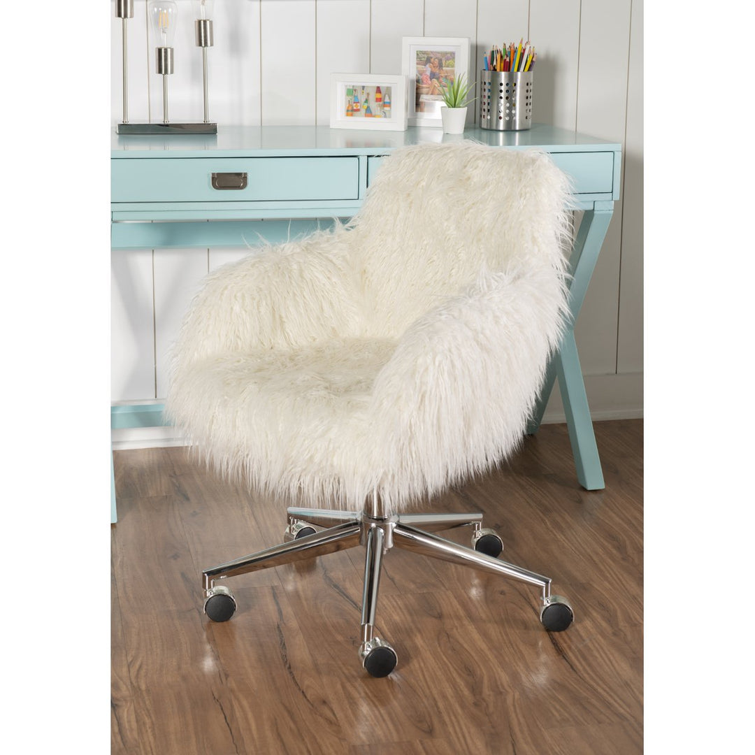 Fiona White Faux faux Barrel Office Chair Chrome Base Adjustable Height Rolling Casters Image 2