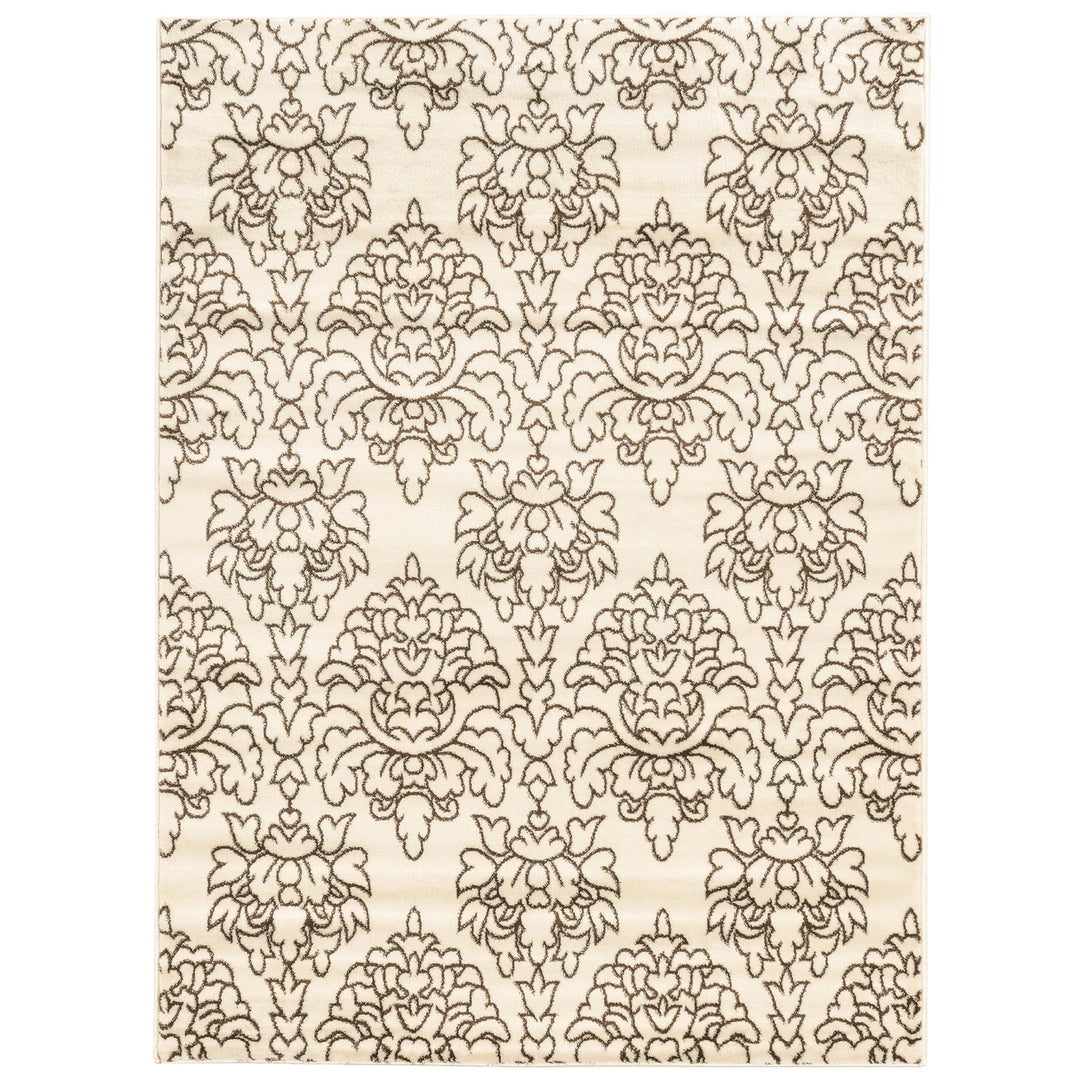 Elegance Damask Rug 8x10 Cream Brown Transitional Design Easy Care Polypropylene Image 1