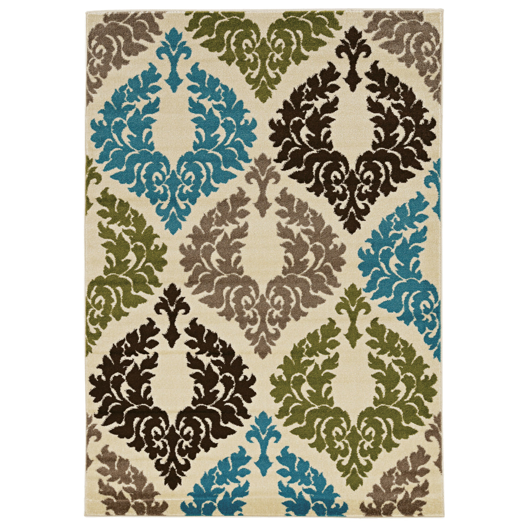 Claremont Damask Ivory Turquoise Area Rug 8x10 Polypropylene Transitional Design Image 1