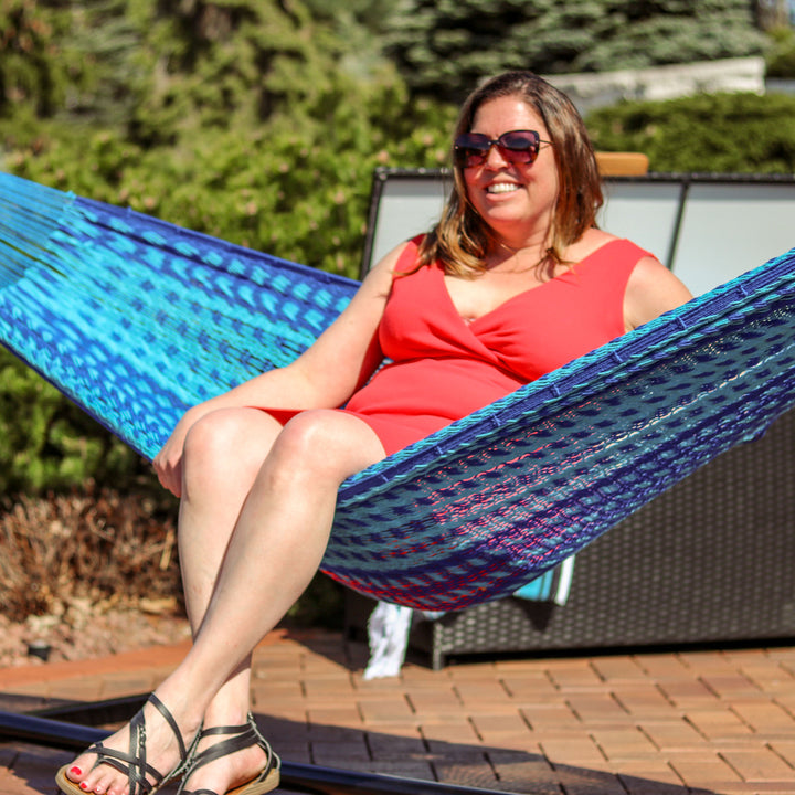 Sunnydaze 2-Person Cotton/Nylon Hammock with Steel Stand and Fringe - Blue Image 8