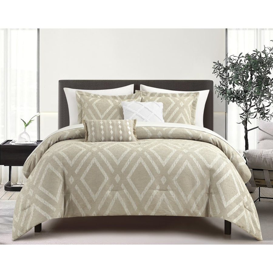 Aberham 5-Piece Comforter Set Chenille Jacquard Fabric with Geometric Design Image 1