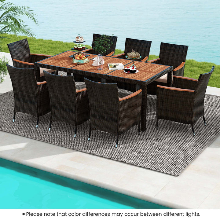 9PCS Patio Rattan Dining Set 8 Chairs Cushioned Acacia Table Top Image 4