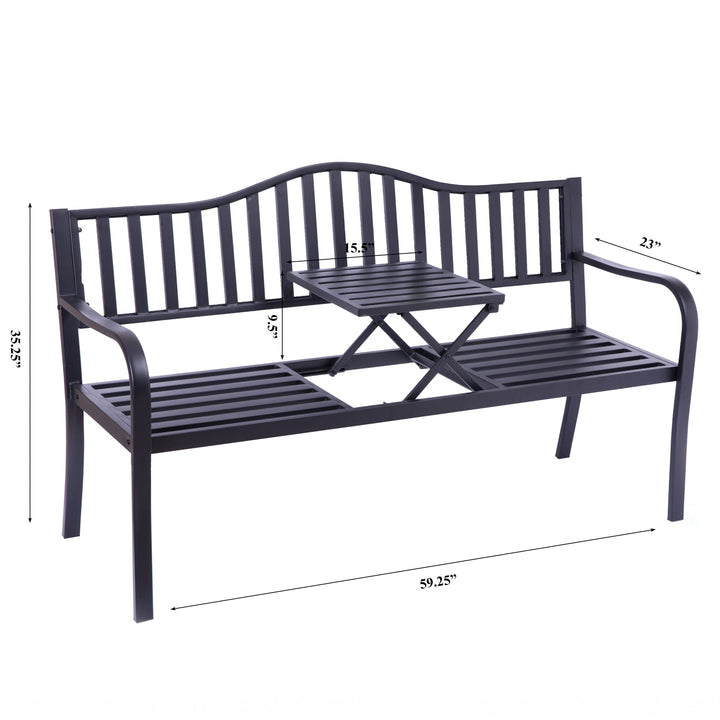 Outdoor Park Bench Steel with Pop Up Table 59in Durable Garden Yard Patio Seating Image 10