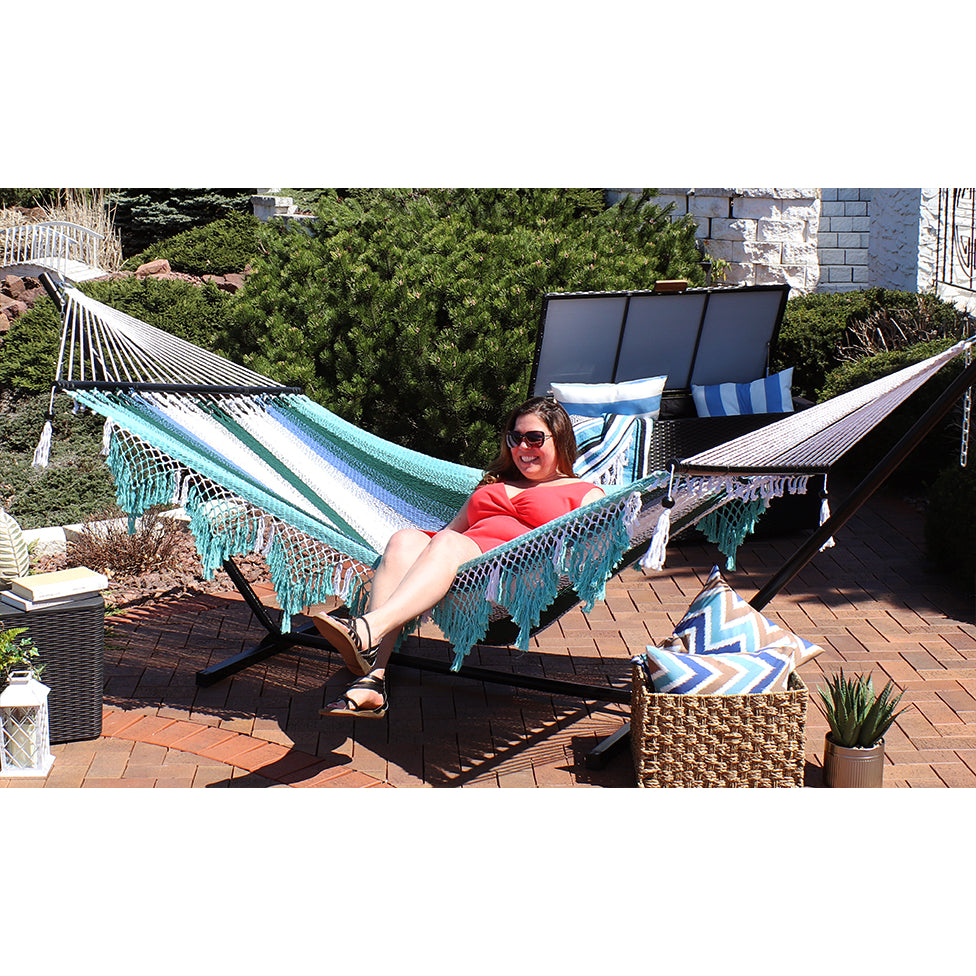 Sunnydaze Large Woven Hammock with Spreader Bar and Fringe - Lagoon Stripes Image 11