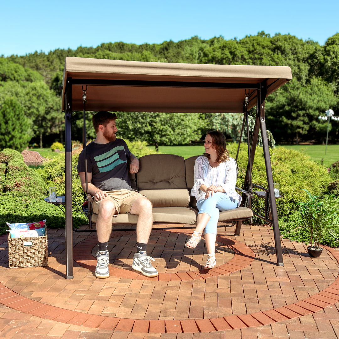 Sunnydaze 3-Person Steel Patio Swing Bench with Side Tables/Canopy - Beige Image 9