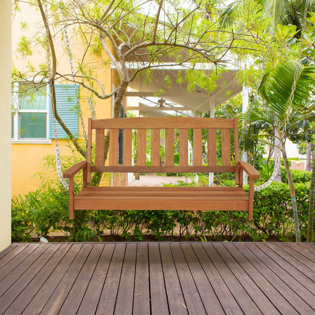 Sunnydaze 2-Person Hanging Bench with Armrests/Chains - Meranti Wood Image 2