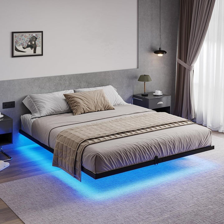 Floating Bed Frame Queen Size with LED Lights, Modern Metal Platform Bed Frame Image 1