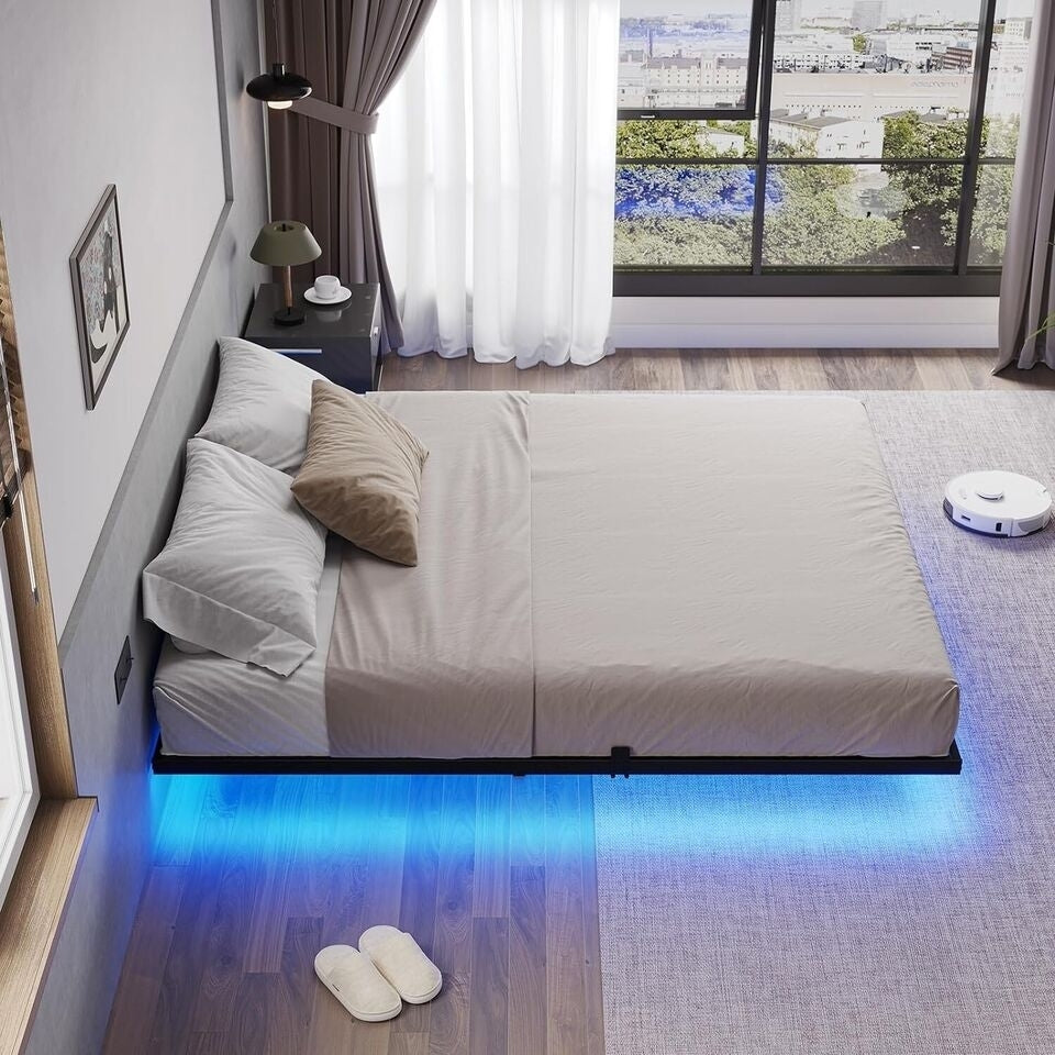 Floating Bed Frame Queen Size with LED Lights, Modern Metal Platform Bed Frame Image 6