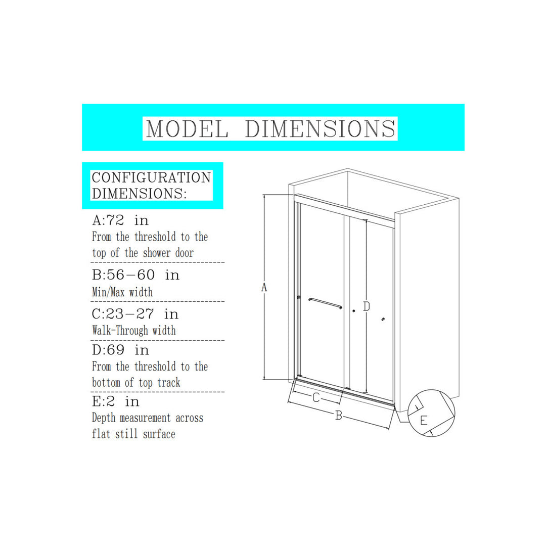 Catalyst Semi-Frameless Sliding Shower Door 56-60in Chrome 6mm Tempered Glass Image 2