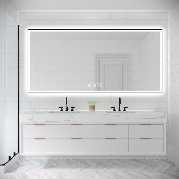 Apex-Noir 84x40 Framed LED Bathroom Mirror Matte Black Anti-Fog Dimmable Image 1