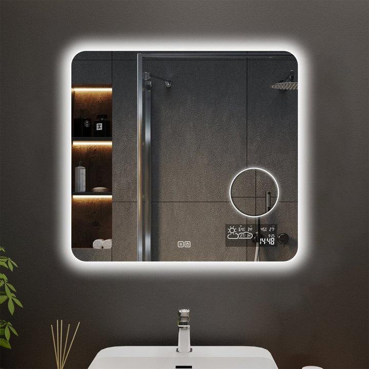 Arcs Customized Rectangle LED Bathroom Mirror, Backlit and Wifi Weather Station Image 2