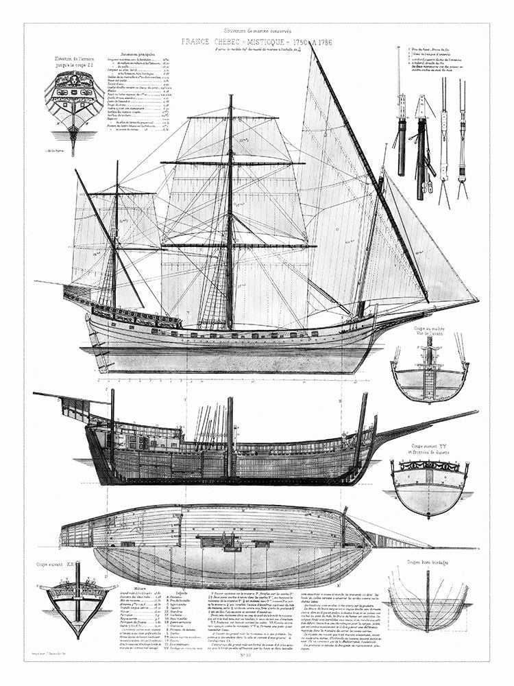 Custom Antique Ship Blueprint in BW I Poster Print - Studio Vision-VARPDX124158D Image 1