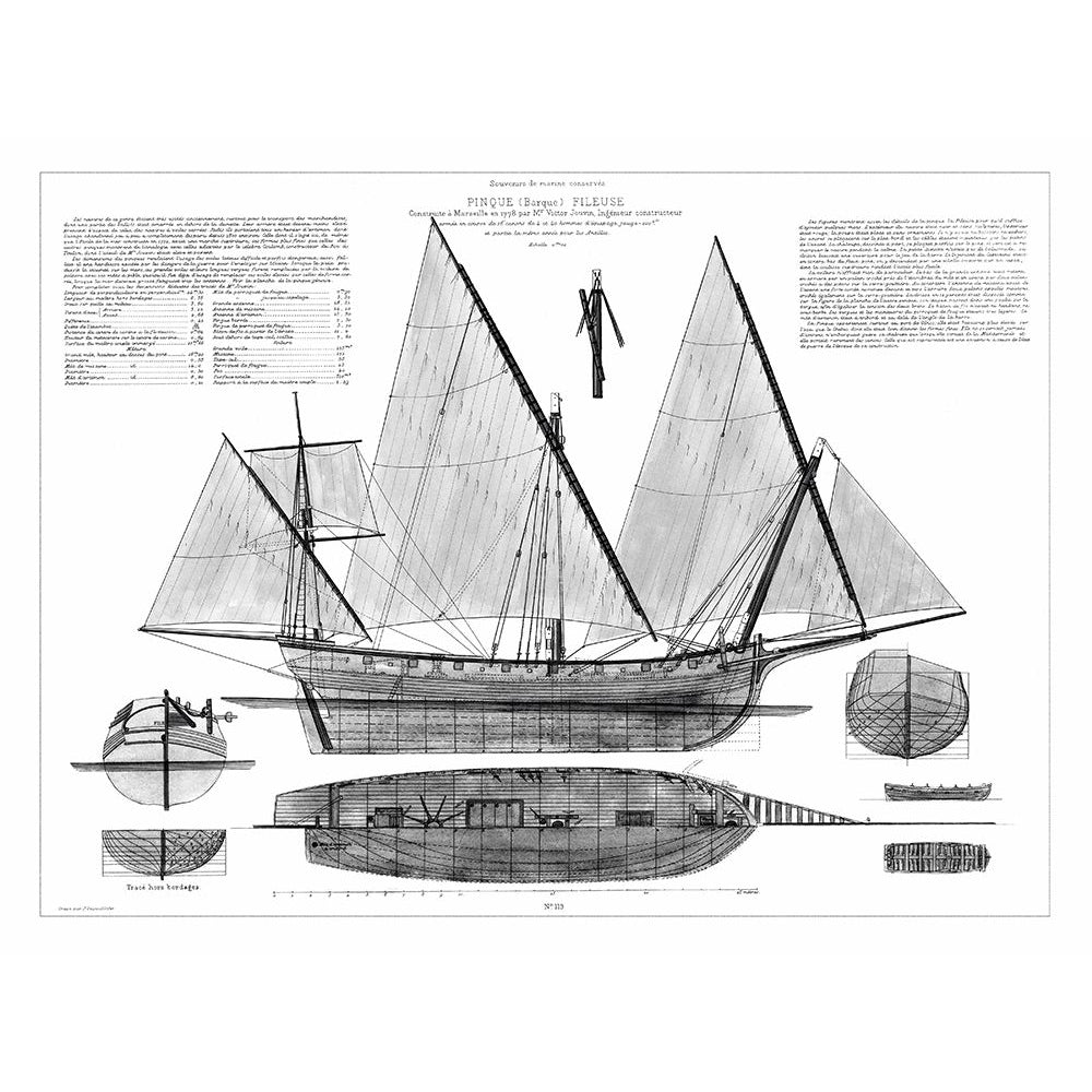 Custom Antique Ship Blueprint in BW III Poster Print - Studio Vision-VARPDX124160D Image 1