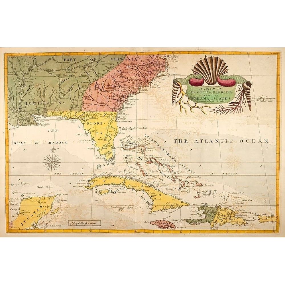 Map of Carolina Florida and the Bahama Islands Poster Print - Mark Catesby-VARPDX137417Z Image 1