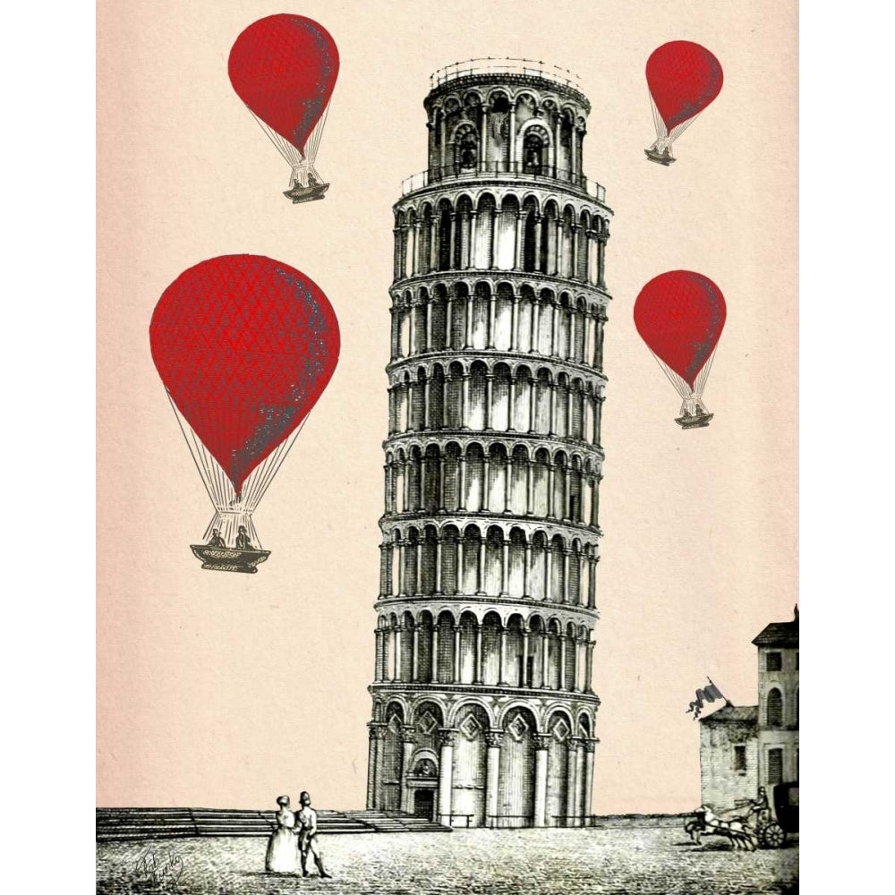 Tower of Pisa and Red Hot Air Balloons Poster Print - Funky Fab-VARPDX190824D Image 1