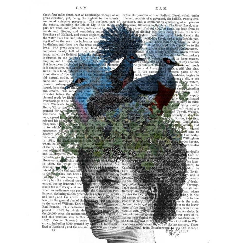 Woman with Blue Birds On Head Poster Print - Funky Fab-VARPDX190922D Image 1