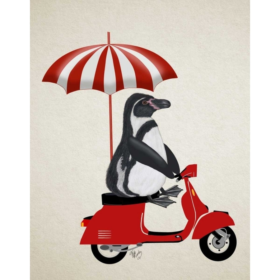 Penguin On Red Moped Poster Print - Funky Fab-VARPDX191516D Image 1