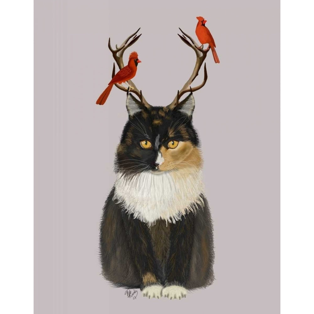 Tortoiseshell Cat Antlers and Red Birds Poster Print - Funky Fab-VARPDX191528D Image 1