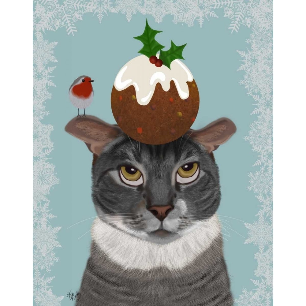 Grey Cat and Christmas Pudding Poster Print - Funky Fab-VARPDX191757D Image 1