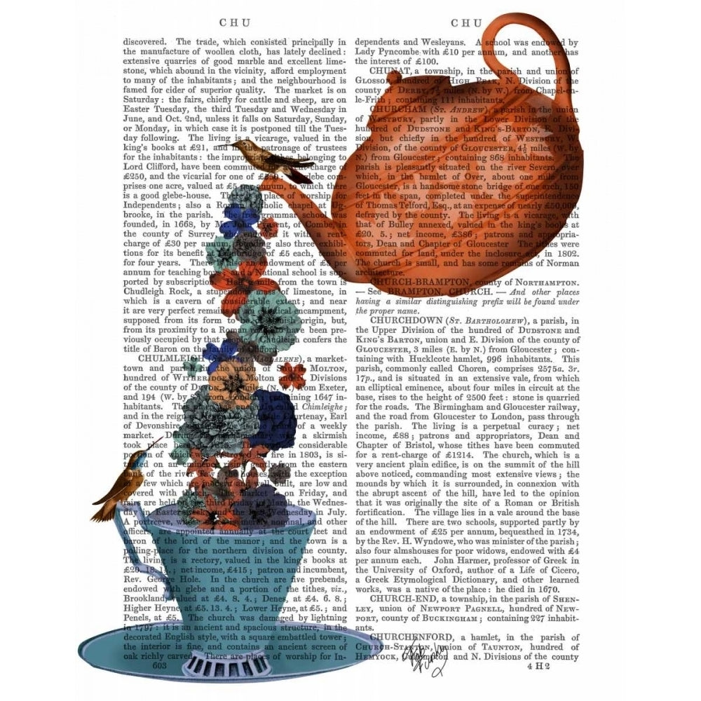 Teapot Cup and Flowers Orange and Blue Poster Print - Funky Fab-VARPDX191885D Image 1