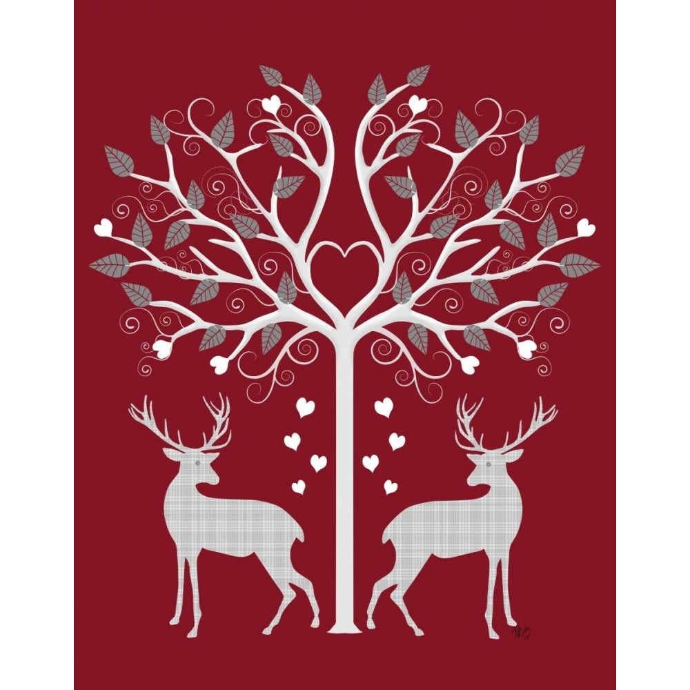 Christmas Des - Deer and Heart Tree Grey on Red Poster Print - Funky Fab-VARPDX192139D Image 1