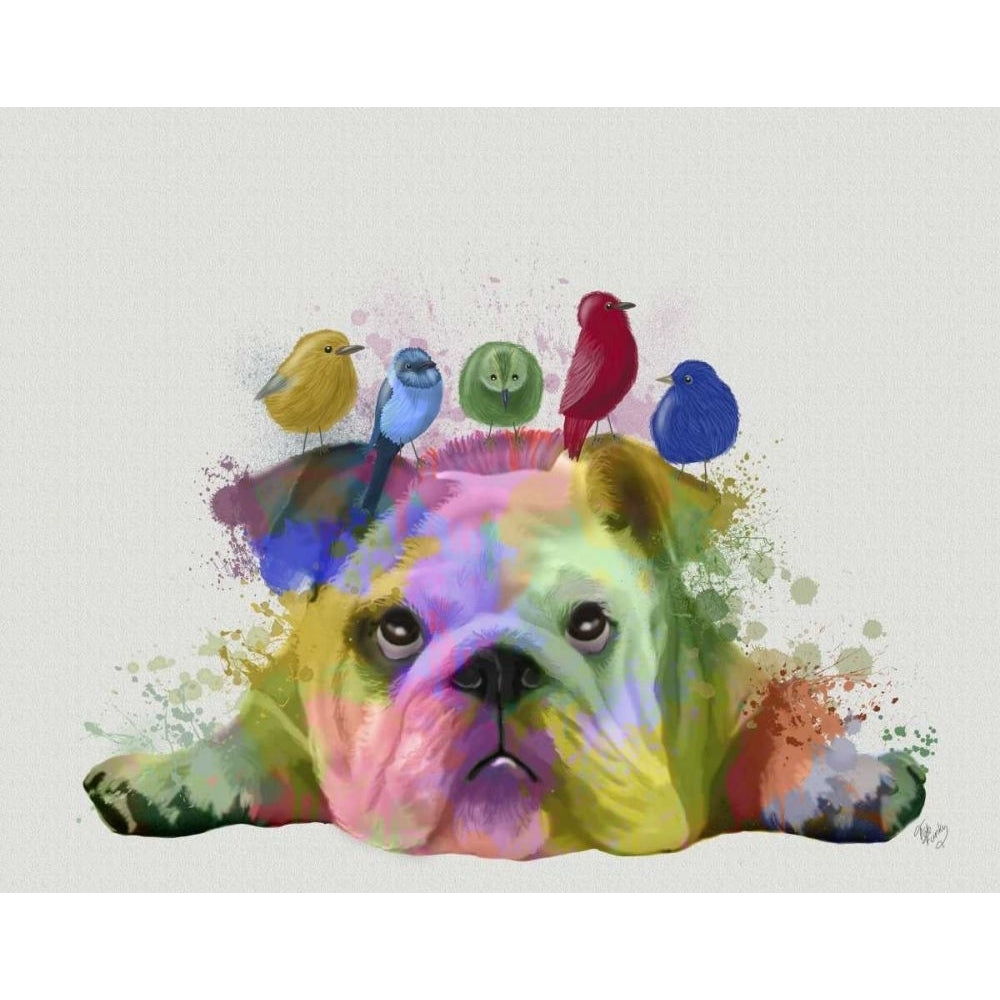 English Bulldog and Birds Rainbow Splash Poster Print - Funky Fab-VARPDX192205D Image 1