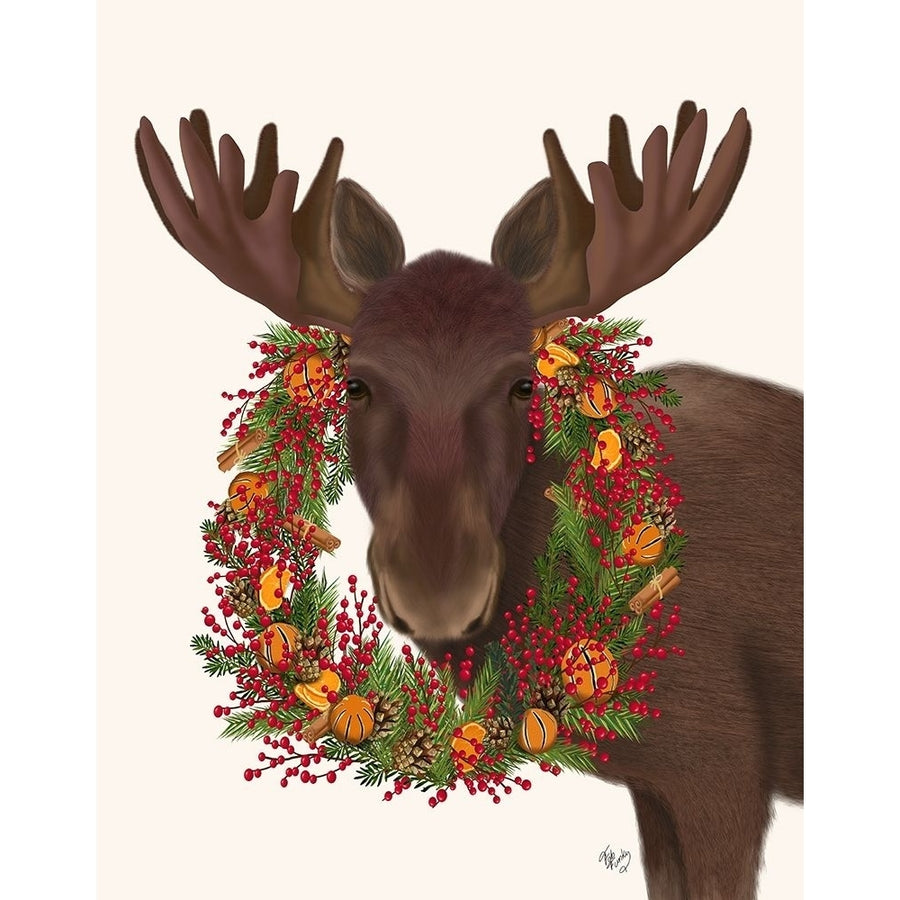 Christmas Moose and Cranberry Wreath Poster Print - Funky Fab-VARPDX192704D Image 1