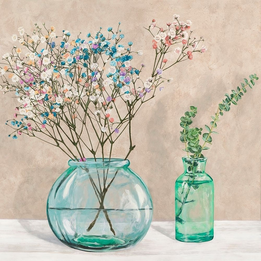 Floral setting with glass vases I Poster Print by Jenny Thomlison-VARPDX1JT5319 Image 1