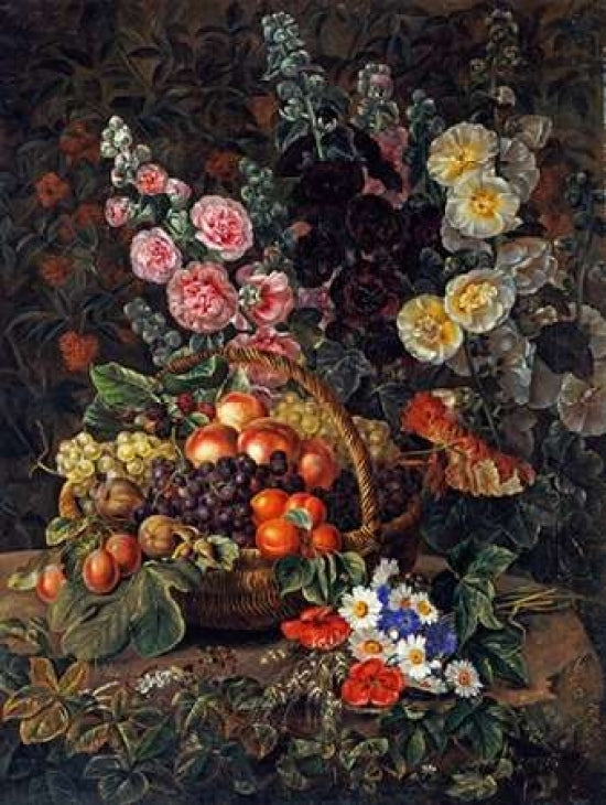 A Still Life of Flowers and a Basket of Fruit Poster Print by Johan Laurents Jensen-VARPDX266628 Image 1