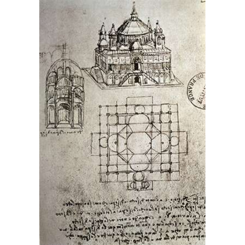 Sketch of a Square Church with Central Dome and Minaret Poster Print by Leonardo Da Vinci-VARPDX277252 Image 1