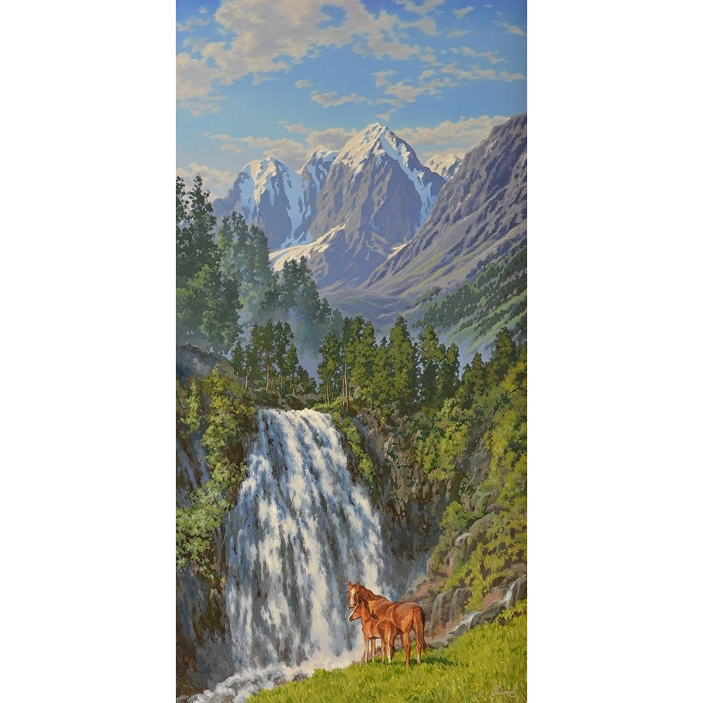 Horses by Waterfall in the Mountains Poster Print - Alexey Adamov-VARPDX2ADAM009 Image 1