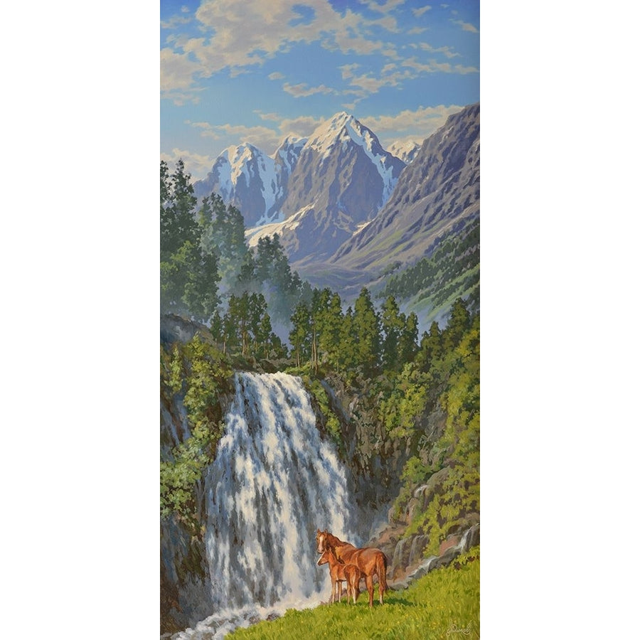 Horses by Waterfall in the Mountains Poster Print - Alexey Adamov-VARPDX2ADAM009 Image 1