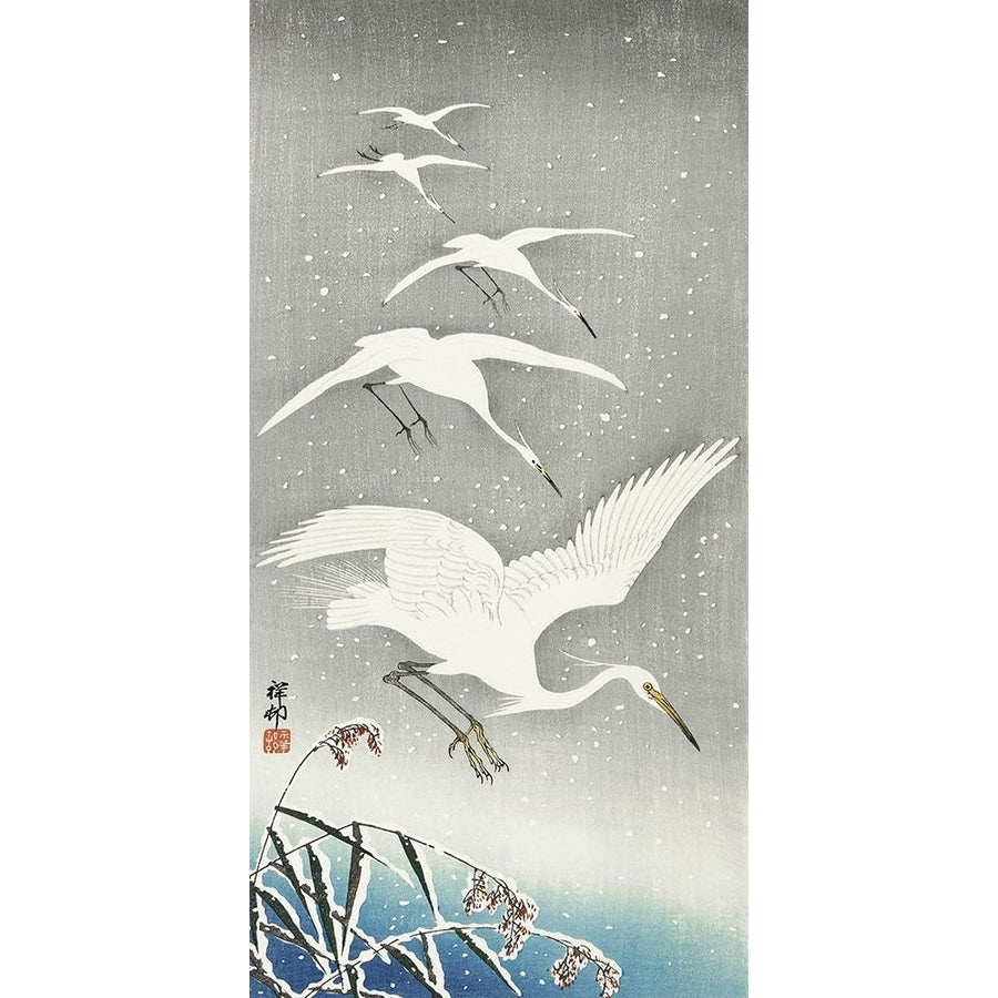 Descending egrets in snow by Ohara Koson-VARPDX2JP5688 Image 1