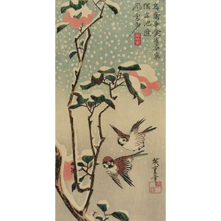 Sparrows and camellias in snow. 1840 Poster Print by Ando Hiroshige-VARPDX341629 Image 1