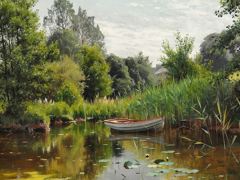 A forest lake with a rowboat Poster Print by Peder Mork Monsted-VARPDX3AA5232 Image 1