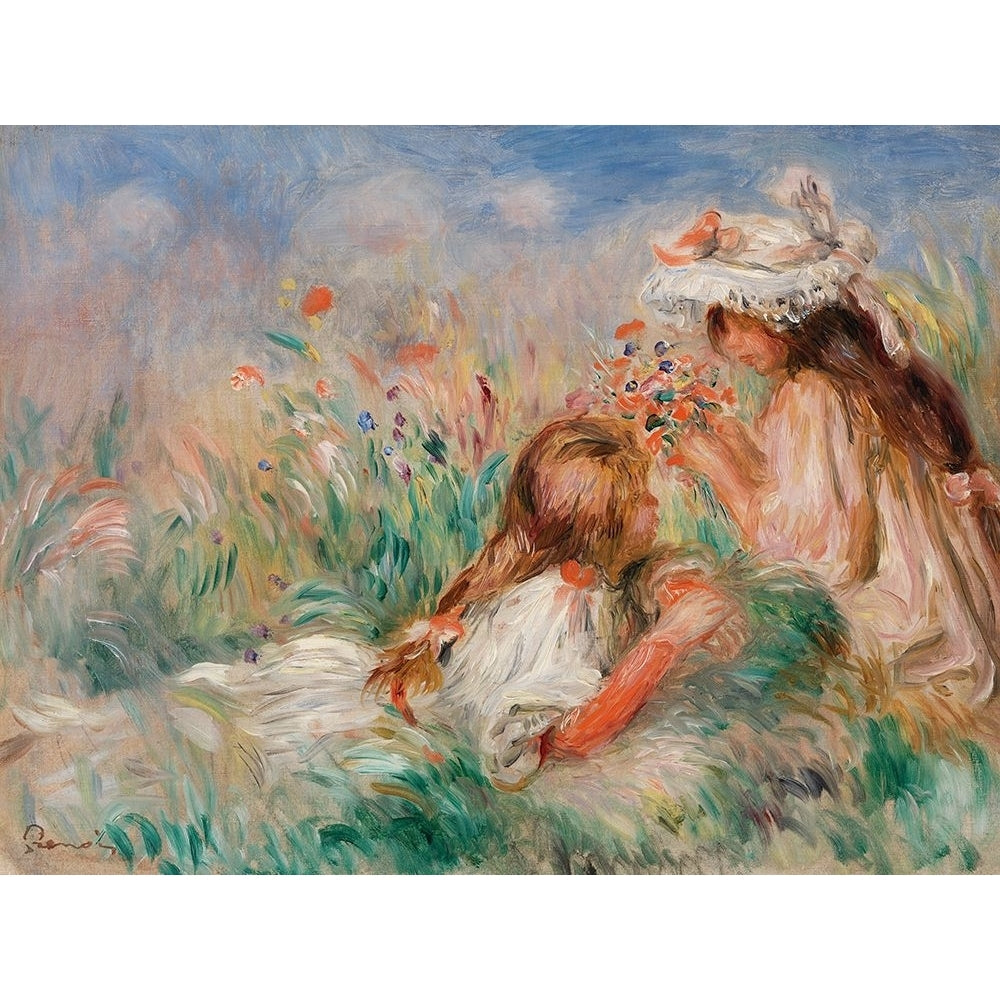 Girls in the Grass Arranging a Bouquet Poster Print - Pierre-Auguste Renoir-VARPDX3PR5869 Image 1