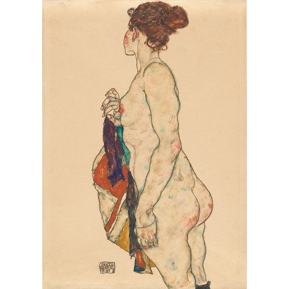 Standing Nude with a Patterned Robe Poster Print - Egon Schiele-VARPDX3SC6326 Image 1