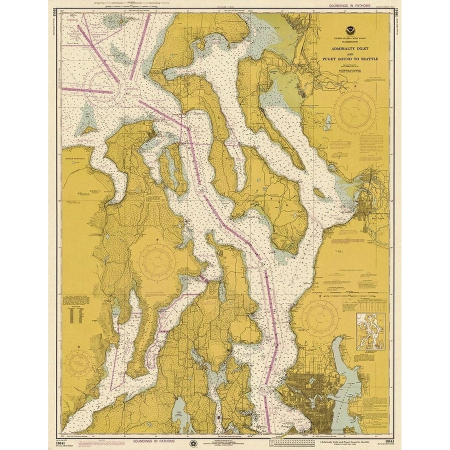 Nautical Chart Admiralty Inlet and Puget Sound to Seattle ca 1975 Sepia Tinted Poster Print by NOAA Historical Map and Image 1