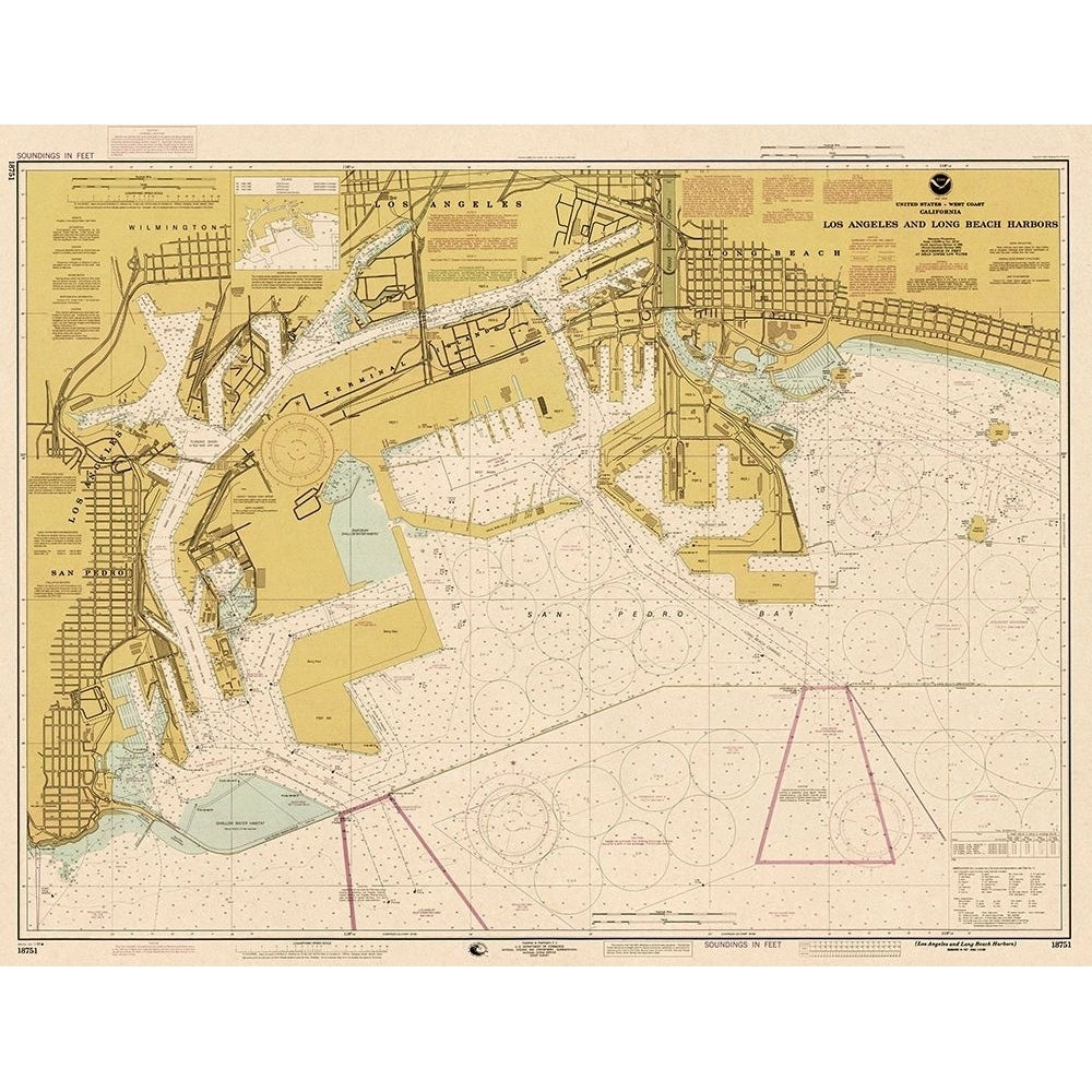 Nautical Chart Los Angeles and Long Beach Harbors ca 1998 Sepia Tinted Poster Print by NOAA Historical Map and Chart Image 1