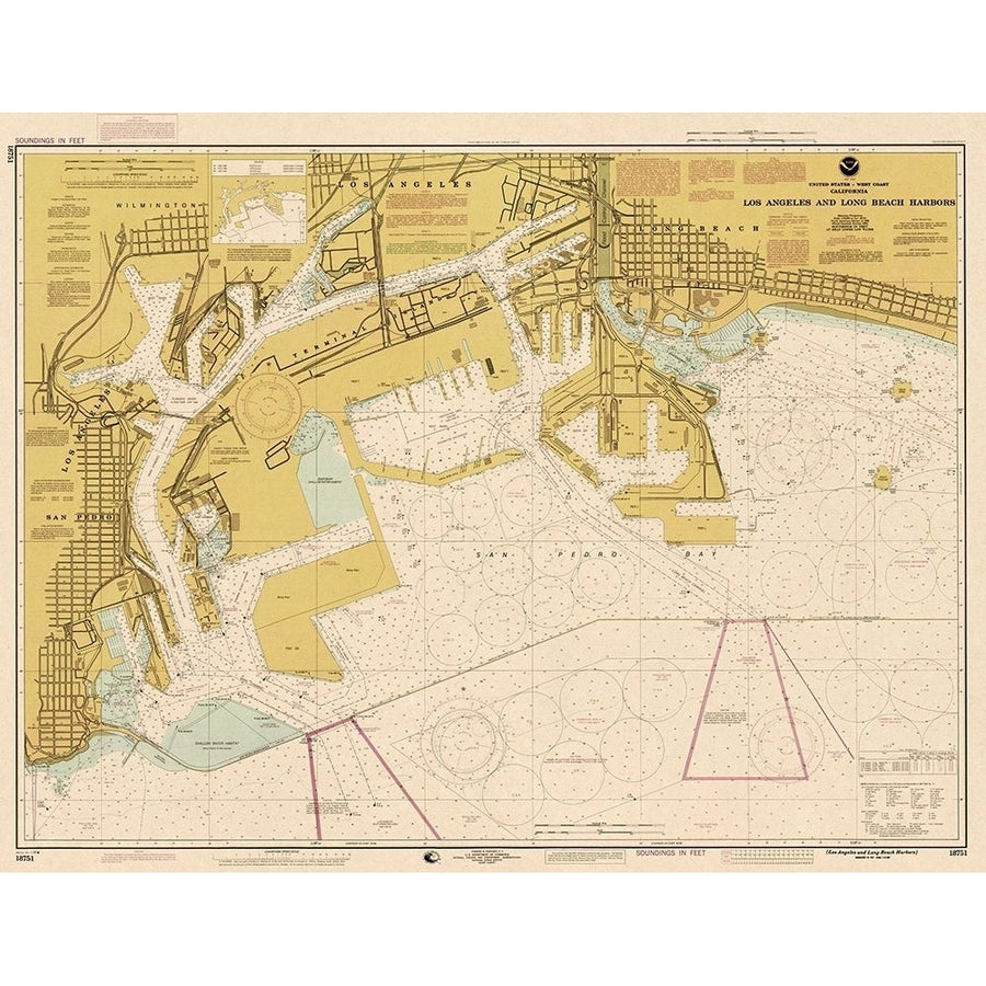 Nautical Chart Los Angeles and Long Beach Harbors ca 1998 Sepia Tinted Poster Print by NOAA Historical Map and Chart Image 1