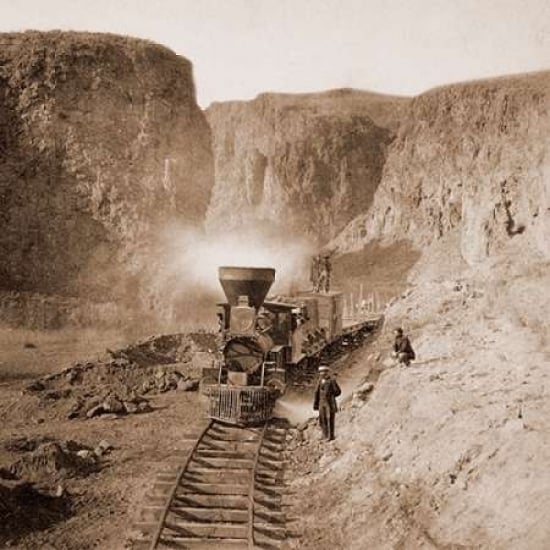 First Construction Train passing the Palisades Ten Mile Canon Nevada 1866-1869 Poster Print by Alfred A. Image 1