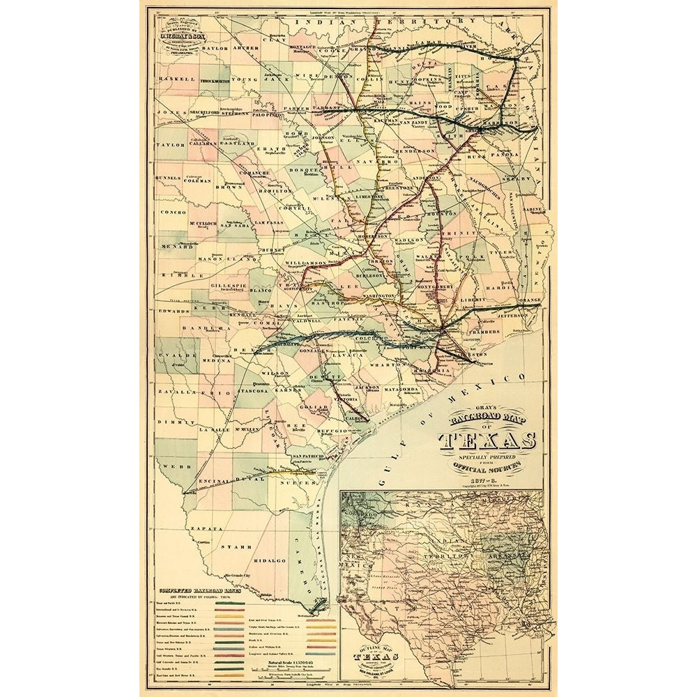 Grays railroad map of Texas. Poster Print by O.W. Gray and Son.-VARPDX464694 Image 1