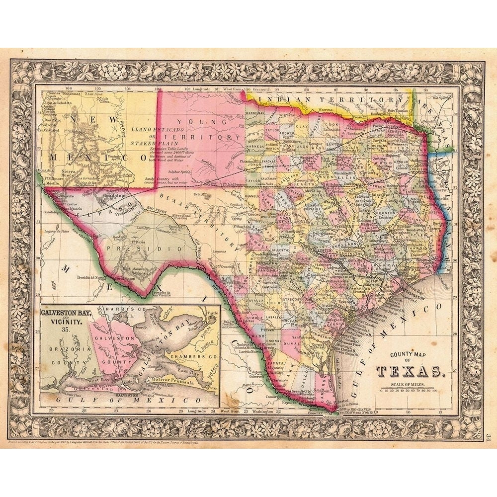 County Map Of Texas 1864 Poster Print by Samuel Augustus Mitchell-VARPDX53317 Image 1