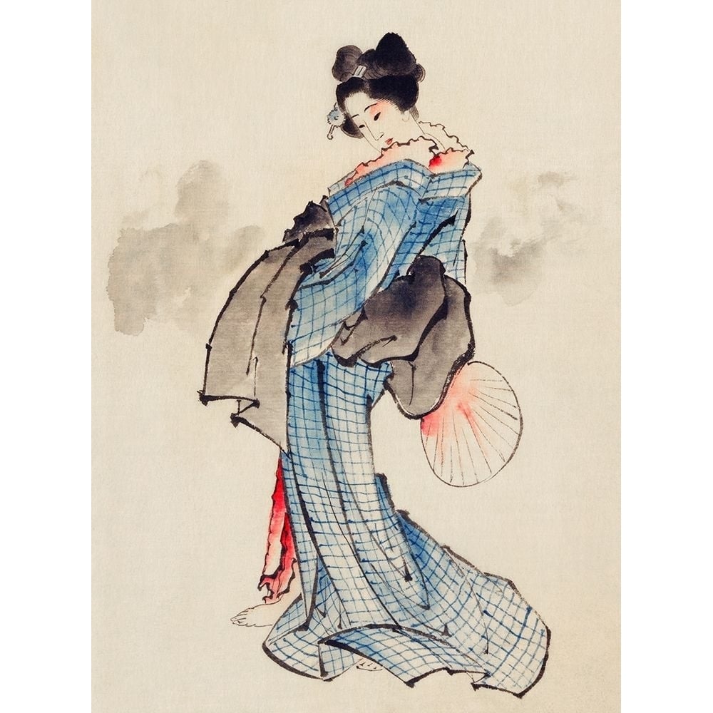 Woman Full-Length Portrait Wearing Kimono with Check Design Poster Print by Katsushika Hokusai-VARPDX54569 Image 1